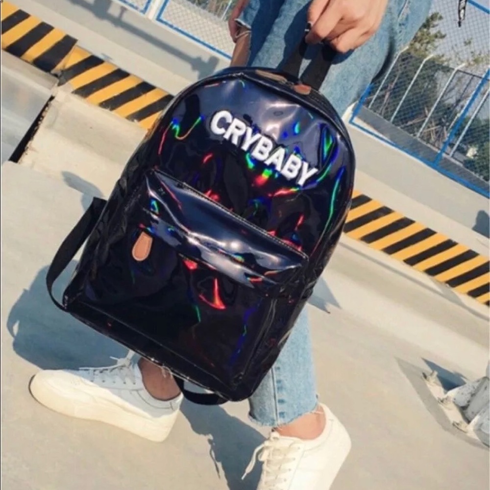 Black holographic iridescent crybaby backpack